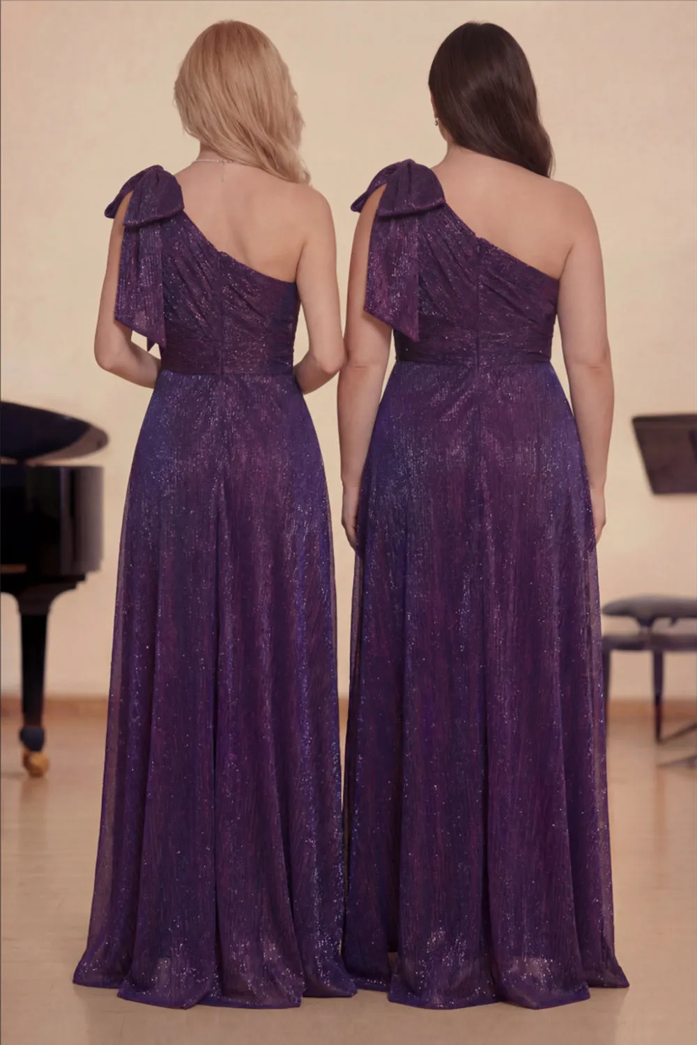 Purple One Shoulder A-Line Long Glitter Choir Dress with Bow sold by Zapaka product image thumbnail 2