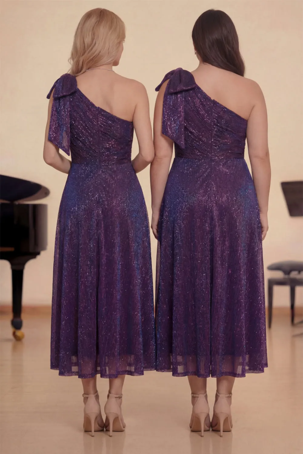 One Shoulder A-Line Glitter Purple Midi Choir Dress with Bow sold by Zapaka product image thumbnail 2