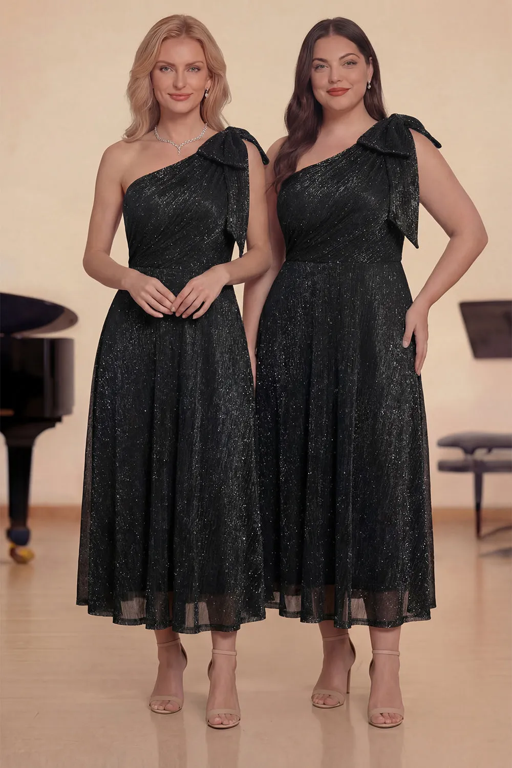 One Shoulder A-Line Glitter Purple Midi Choir Dress with Bow sold by Zapaka product image thumbnail 3