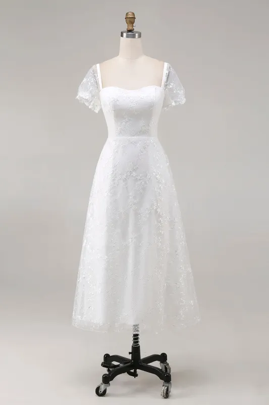 Ivory A Line Midi Wedding Dress with Short Sleeves made by Zapaka