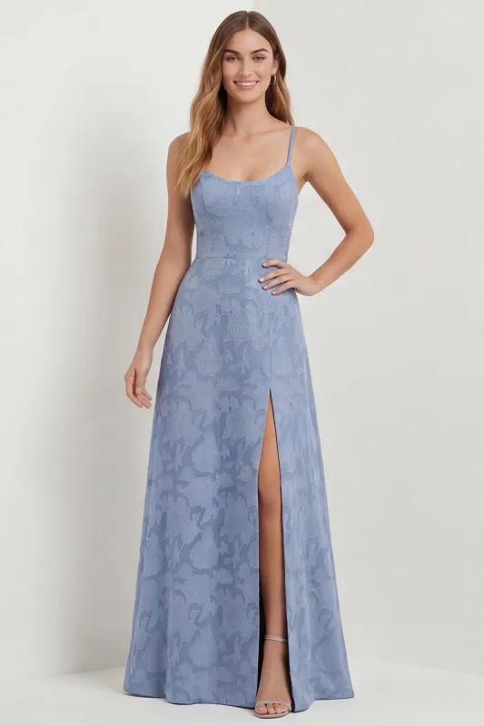 Dusty Blue A Line Long Spaghetti Straps Bridesmaid Dress with Slit made by Zapaka