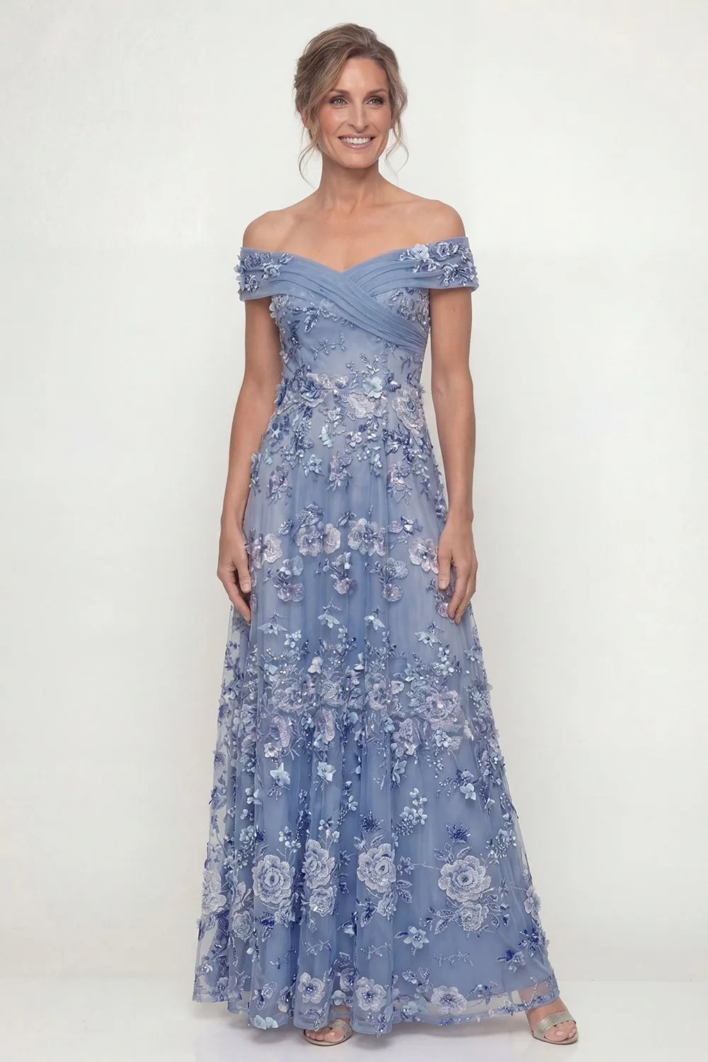 Off The Shoulder Dusty Blue A Line Embroidered Long Mother of the Bride Dress sold by Zapaka
