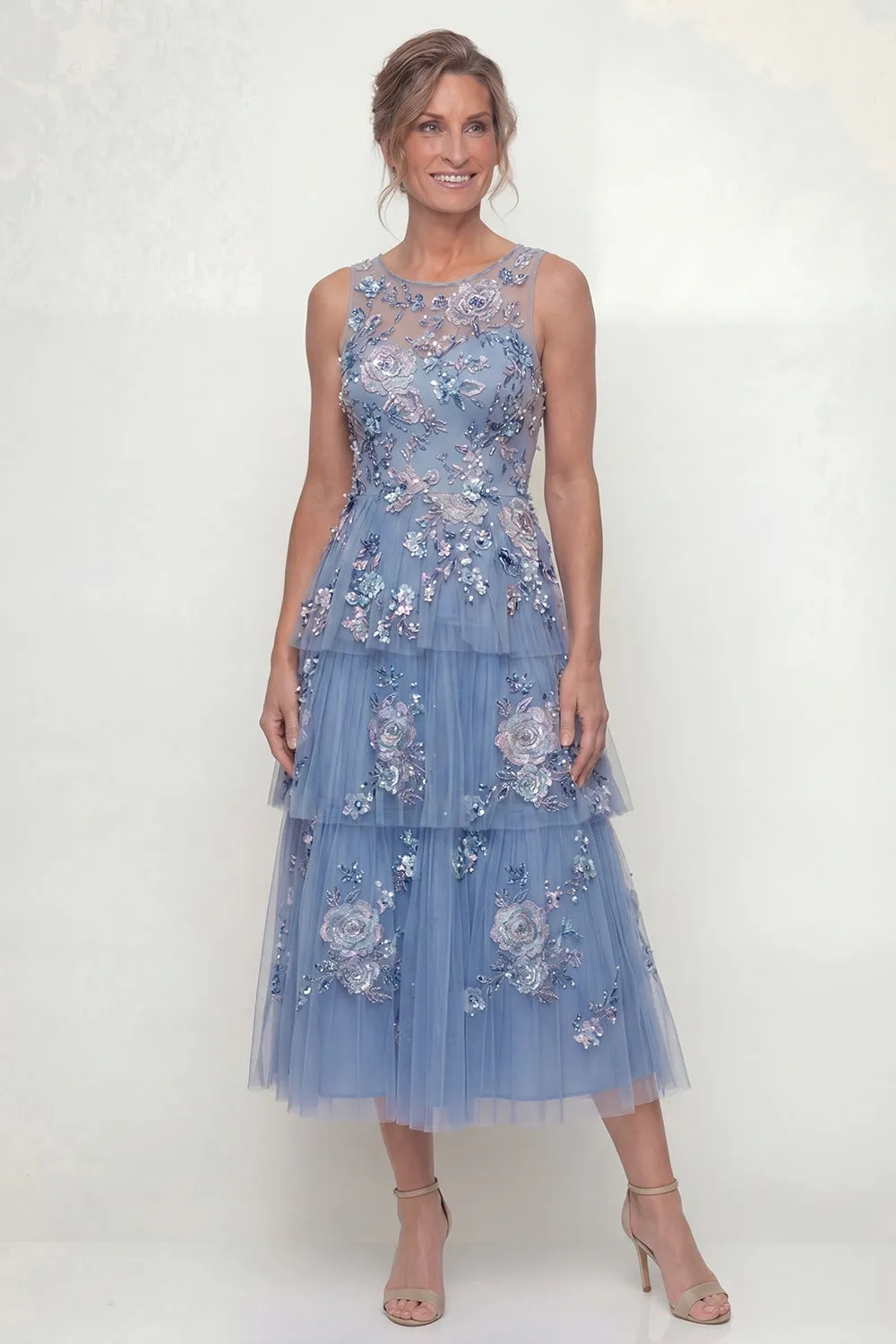 Dusty Blue Ruffled A Line Sequins Midi Mother of the Bride Dress with Embroidery sold by Zapaka