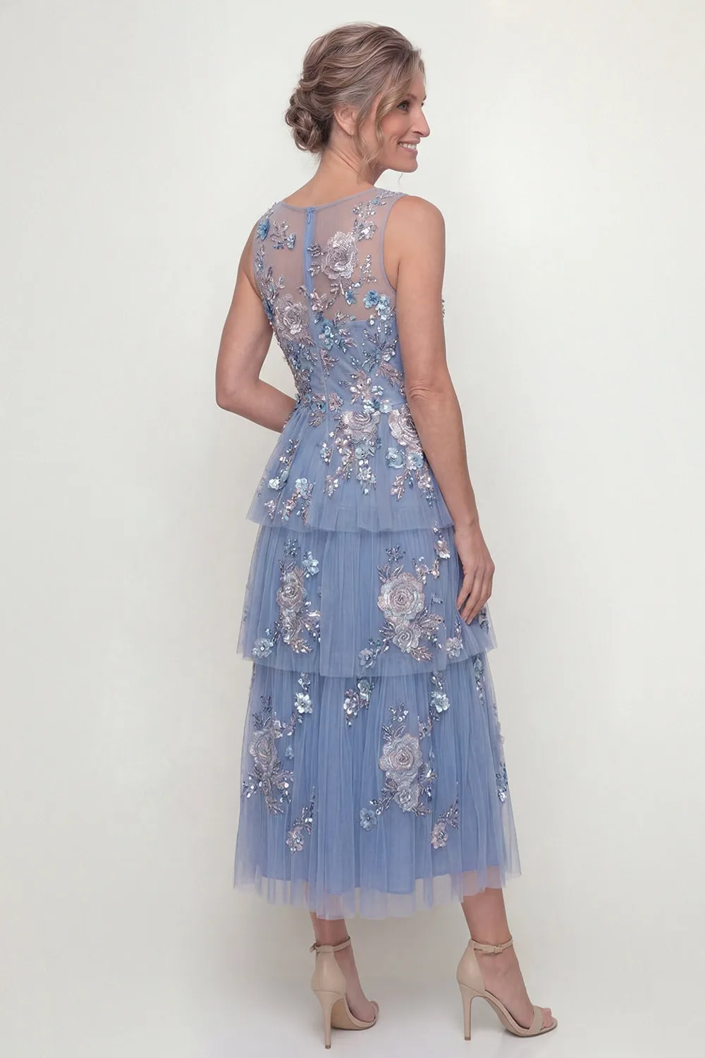 Dusty Blue Ruffled A Line Sequins Midi Mother of the Bride Dress with Embroidery sold by Zapaka product image thumbnail 2