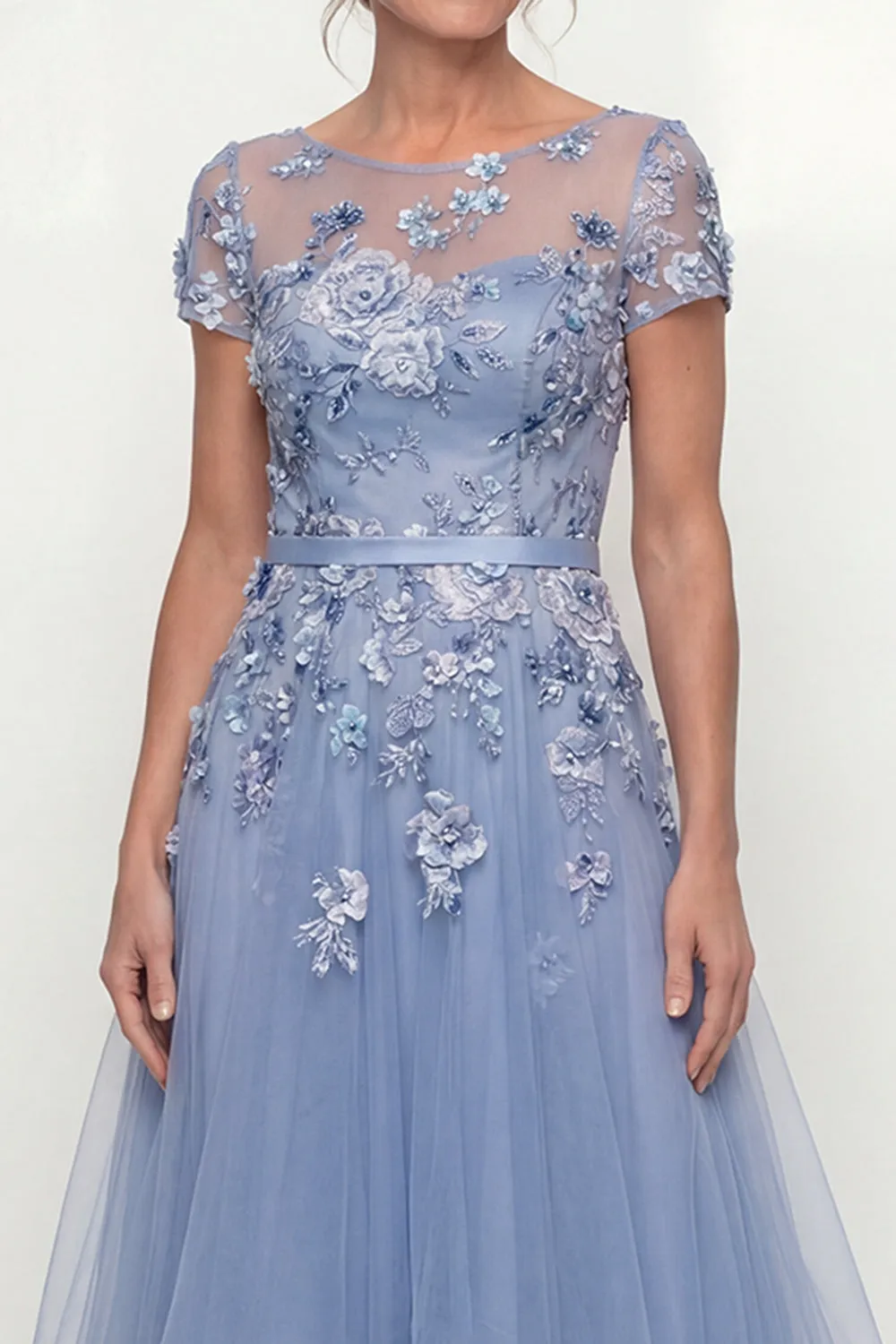 Dusty Blue Embroidered A Line Short Sleeves Mother of the Bride Dress with Ruffles sold by Zapaka product image thumbnail 3