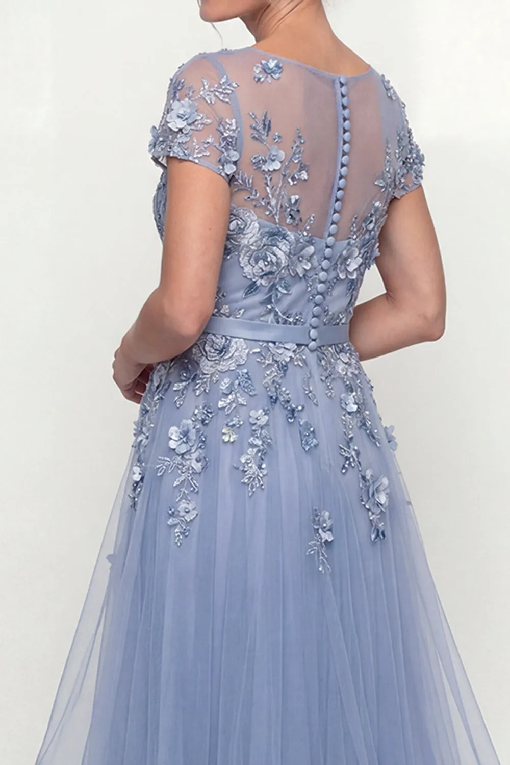 Dusty Blue Embroidered A Line Short Sleeves Mother of the Bride Dress with Ruffles sold by Zapaka product image thumbnail 4