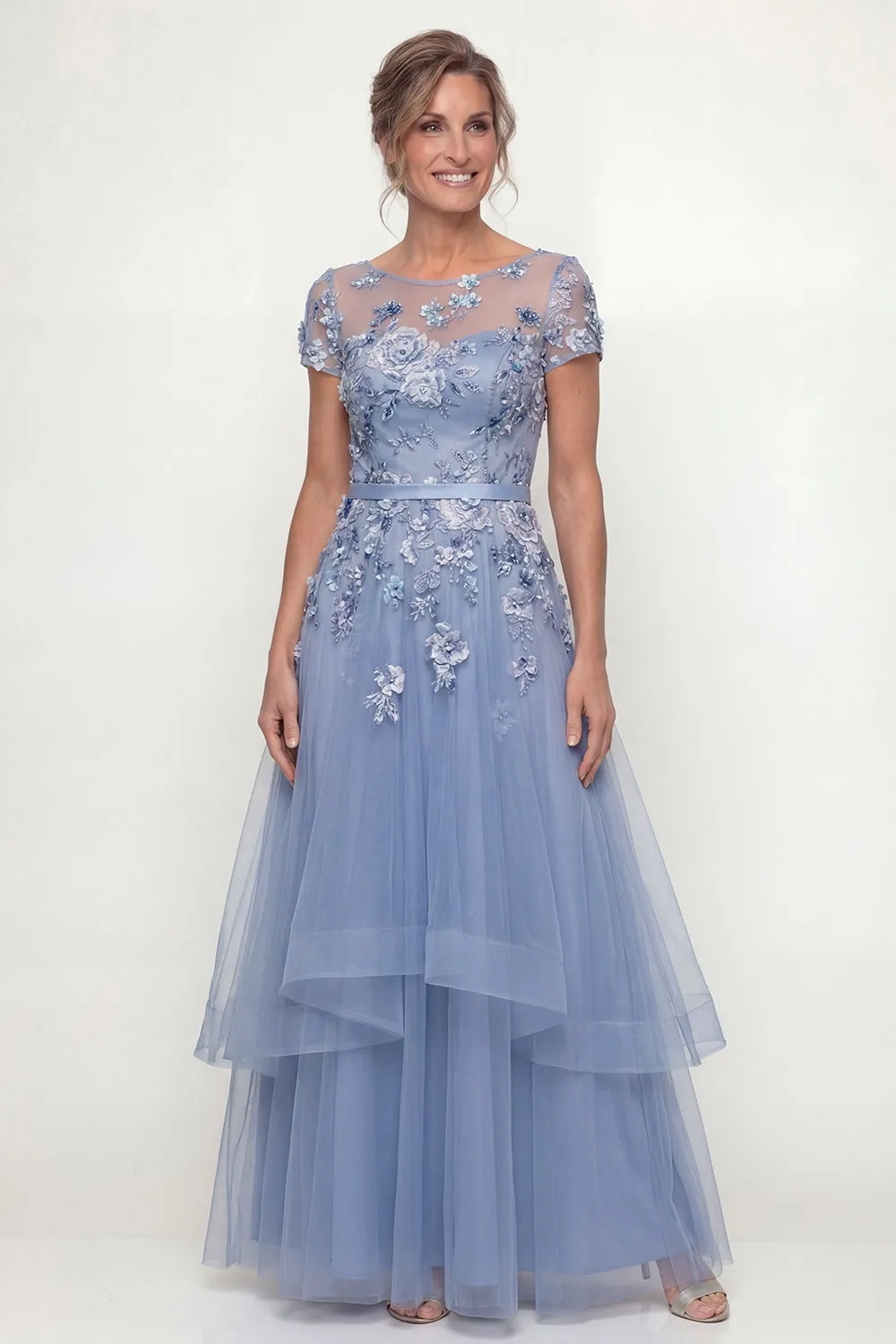 Dusty Blue Embroidered A Line Short Sleeves Mother of the Bride Dress with Ruffles sold by Zapaka