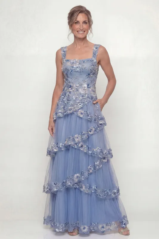 Dusty Blue Ruffled A Line Sequins Long Mother of the Bride Dress with Pockets made by Zapaka