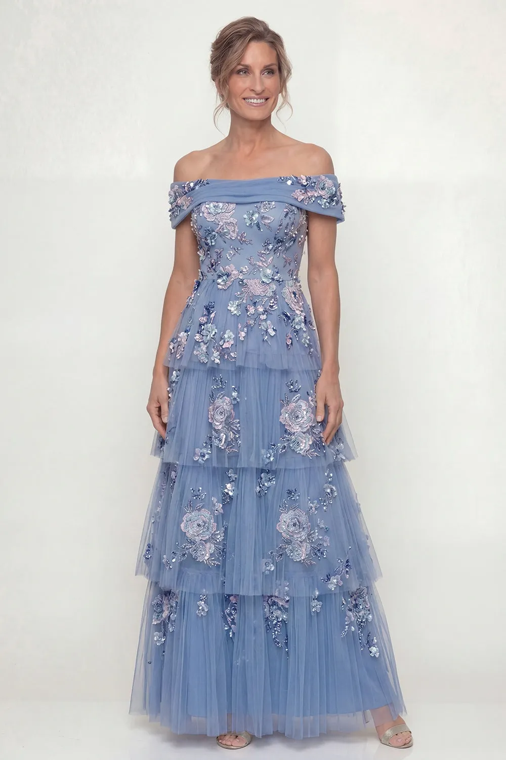 Off The Shoulder Dusty Blue Tiered A Line Long Mother of the Bride Dress with Embroidery sold by Zapaka product image thumbnail 3