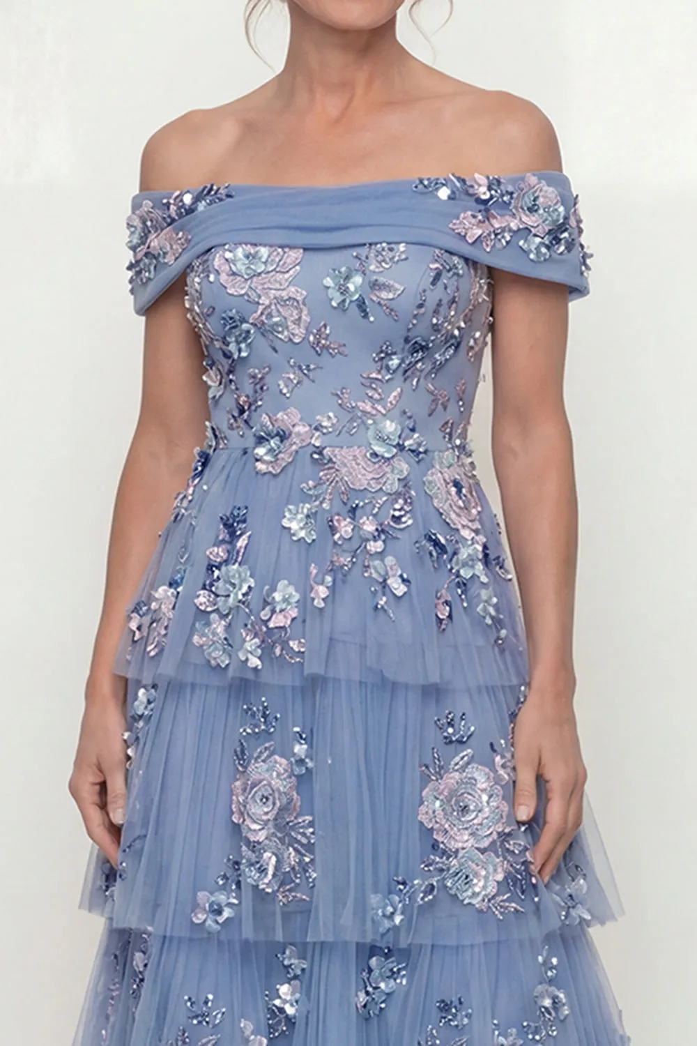 Off The Shoulder Dusty Blue Tiered A Line Long Mother of the Bride Dress with Embroidery sold by Zapaka product image thumbnail 4