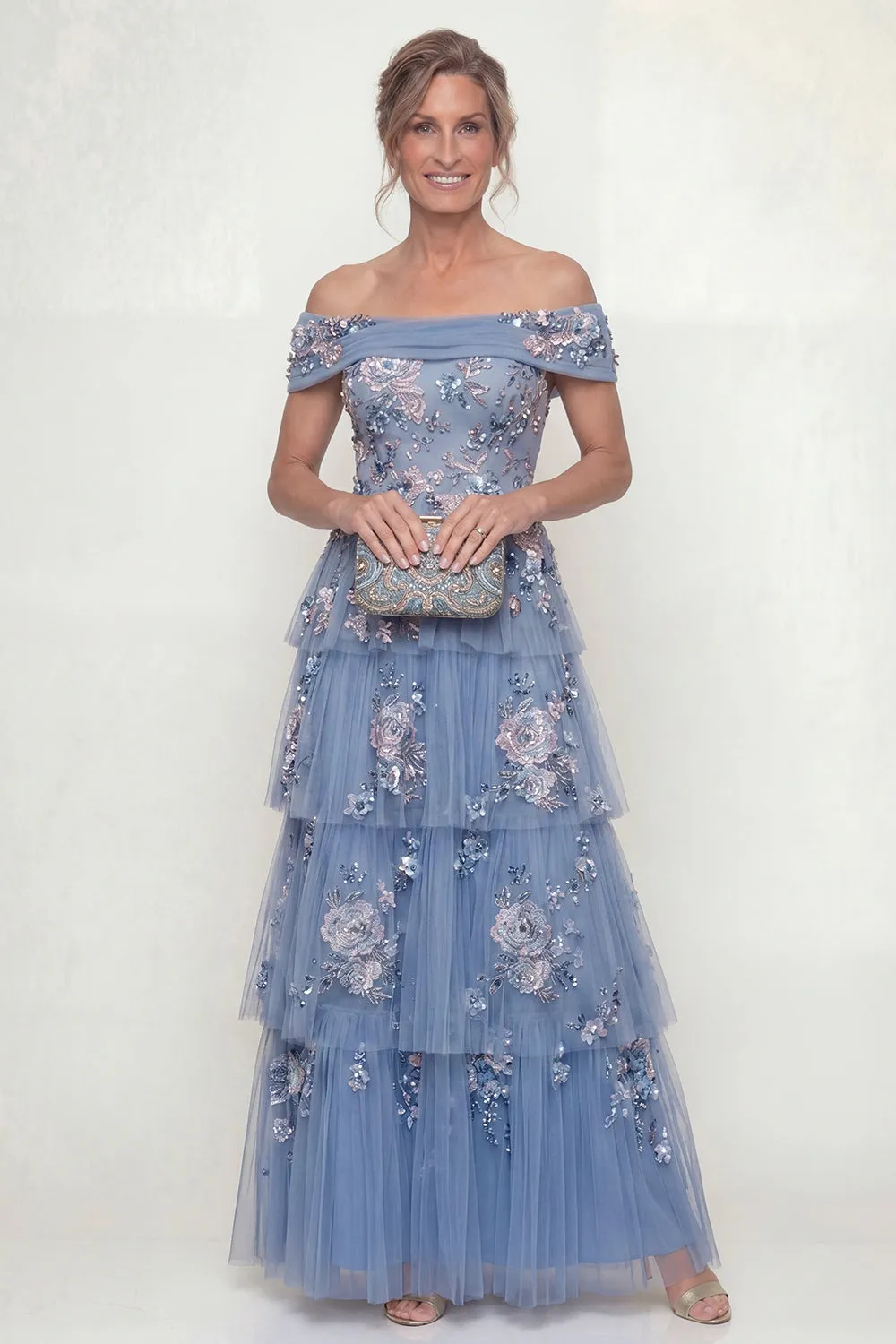Off The Shoulder Dusty Blue Tiered A Line Long Mother of the Bride Dress with Embroidery sold by Zapaka