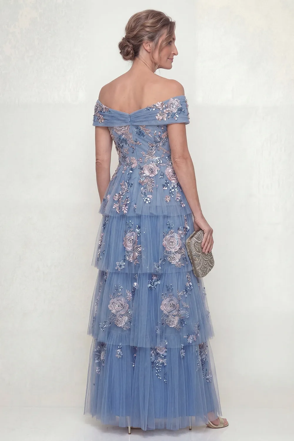 Off The Shoulder Dusty Blue Tiered A Line Long Mother of the Bride Dress with Embroidery sold by Zapaka product image thumbnail 2