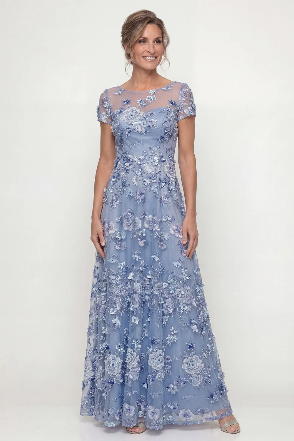 Dusty Blue A Line Short Sleeves Mother of the Bride Dress with Embroidery sold by Zapaka