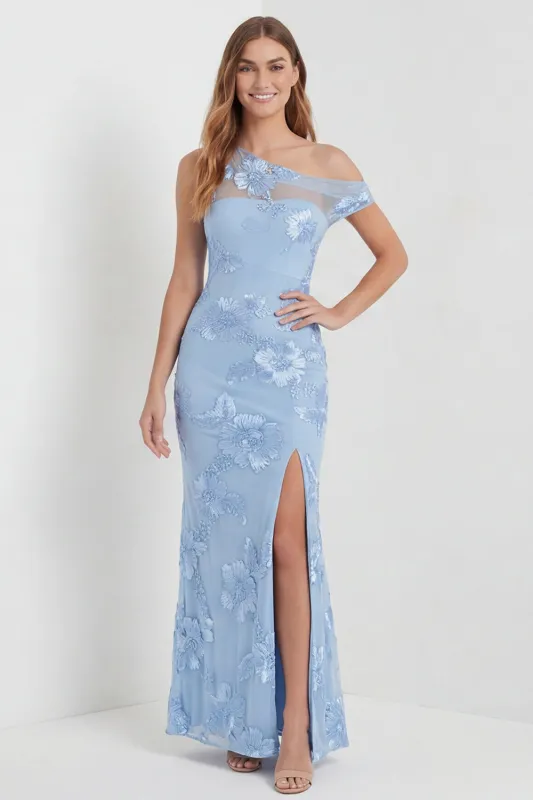 Light Blue One Shoulder Sheath Embroidered Maxi Dress with Slit made by Zapaka