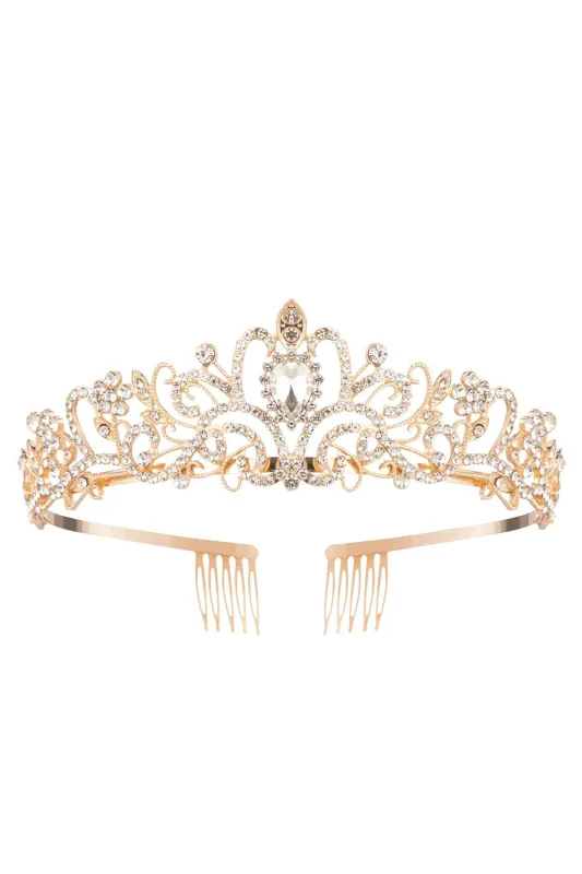 Golden White Crystal Prom Queen Pageant Crown Tiara made by Zapaka