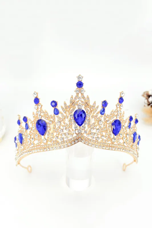 Golden and Royal Blue Crystal Prom Queen Pageant Crown Tiara sold by Zapaka