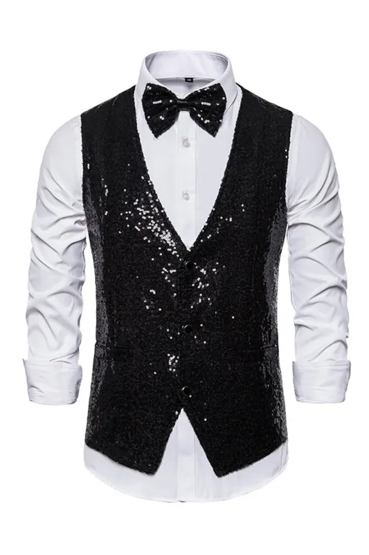 Black V-Neck Single Breasted Sequins Men's Suit Vest made by Zapaka