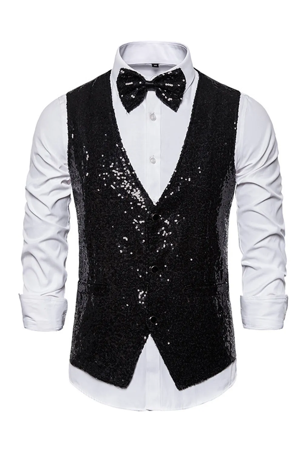 Black V-Neck Single Breasted Sequins Men's Suit Vest sold by Zapaka