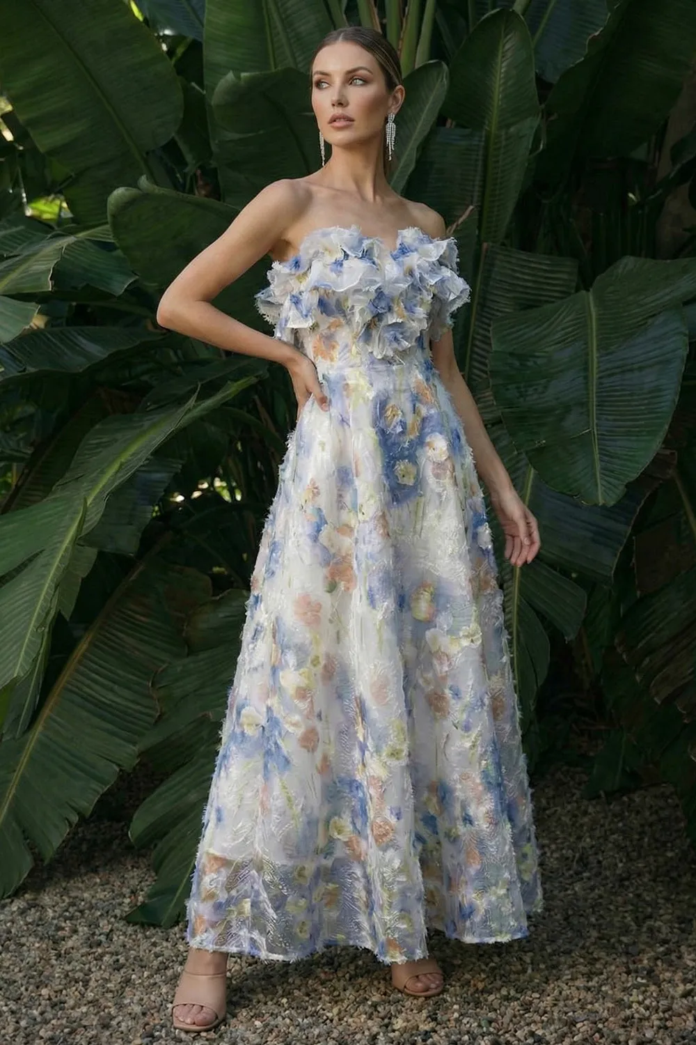Light Blue A Line Ruffled Strapless Long Floral Dress sold by Zapaka