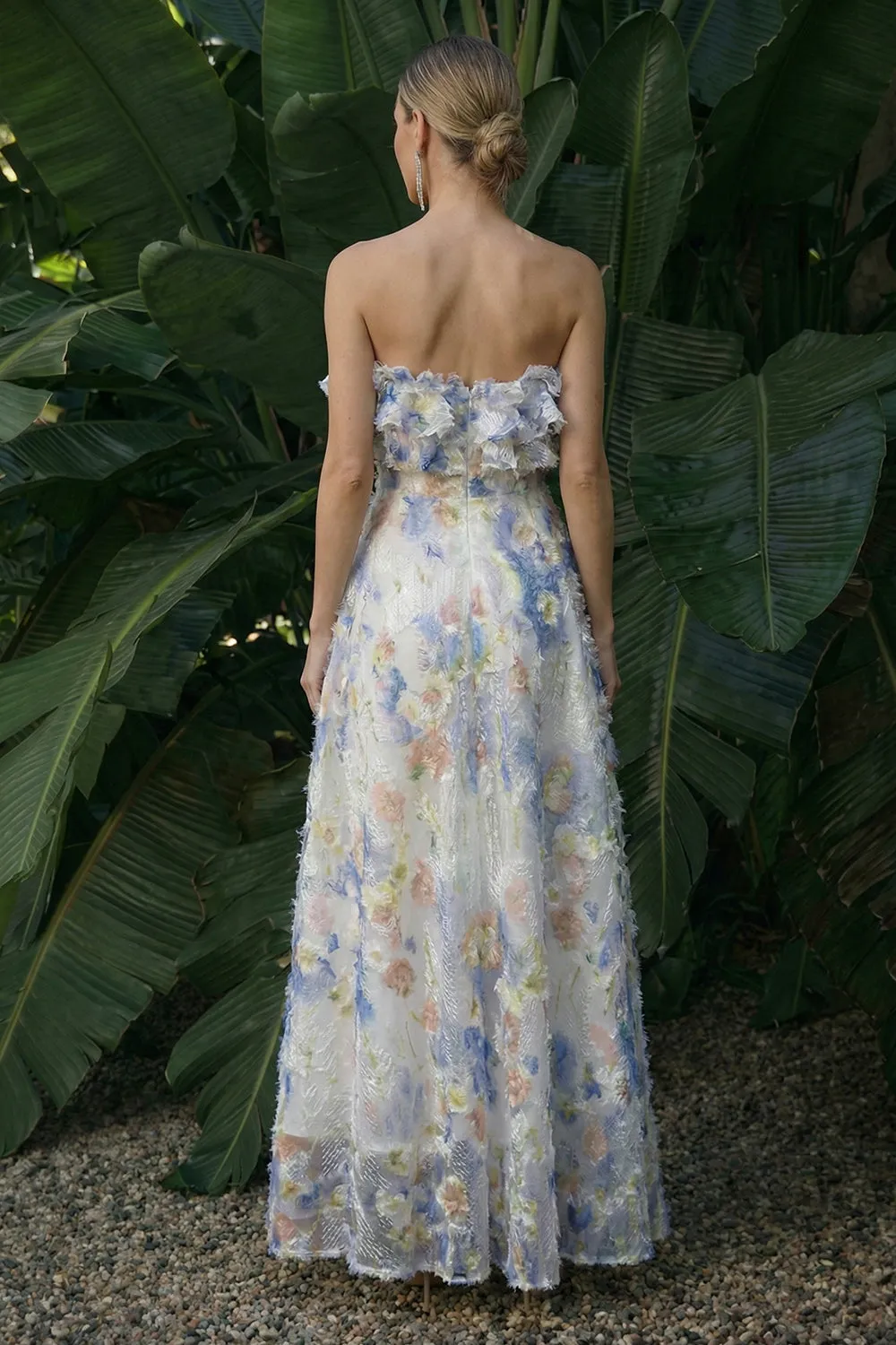 Light Blue A Line Ruffled Strapless Long Floral Dress sold by Zapaka product image thumbnail 2