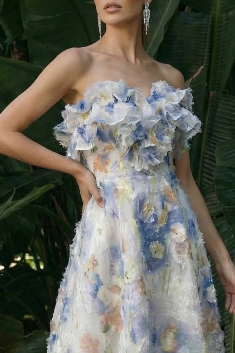 Light Blue A Line Ruffled Strapless Long Floral Dress sold by Zapaka product image thumbnail 3