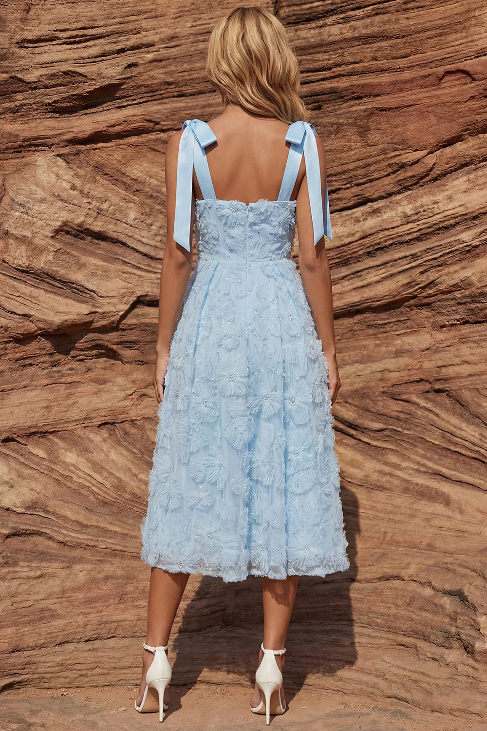 Sky Blue A Line Beaded Sparkly Midi Floral Dress with Bows sold by Zapaka product image thumbnail 2