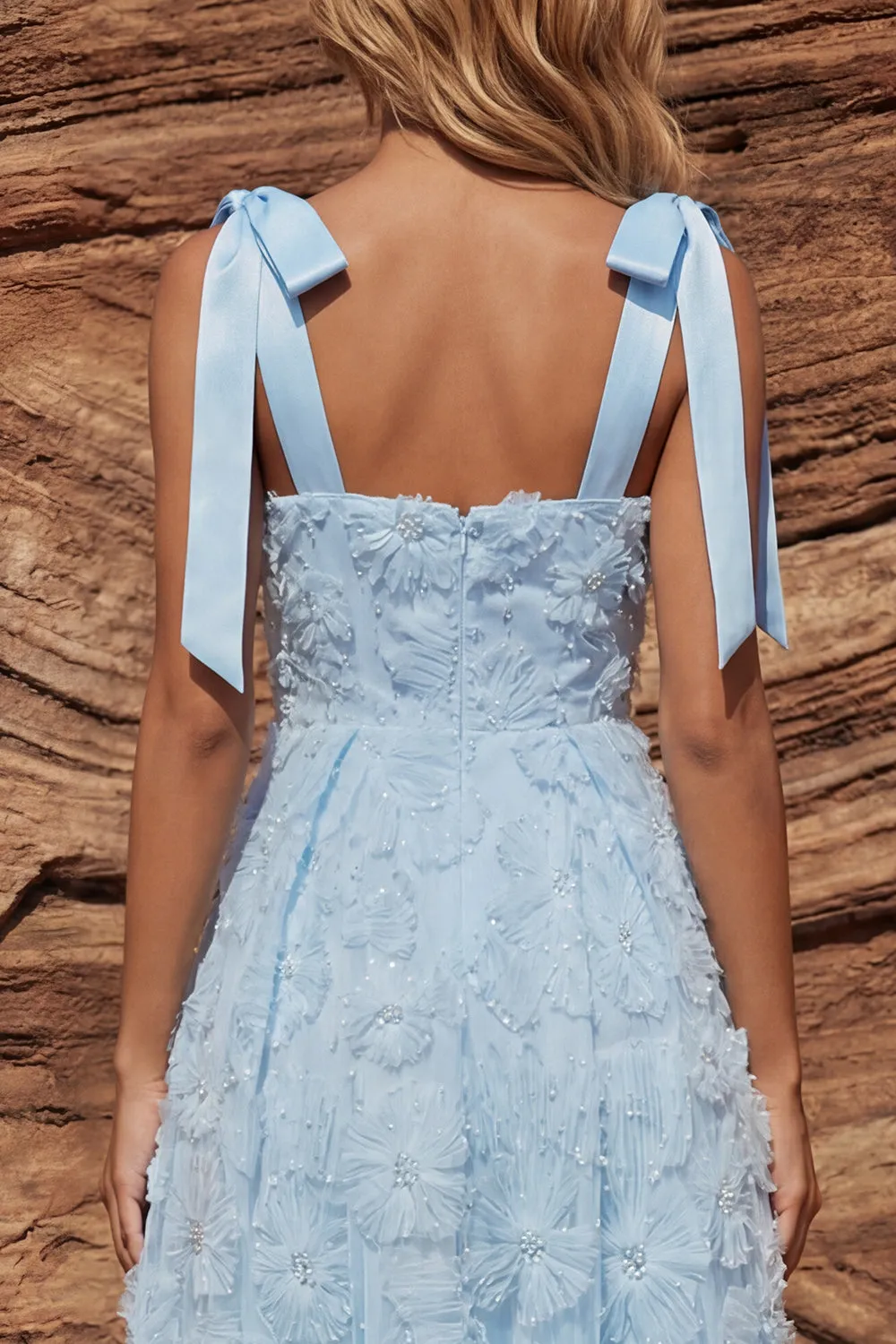 Sky Blue A Line Beaded Sparkly Midi Floral Dress with Bows sold by Zapaka product image thumbnail 4