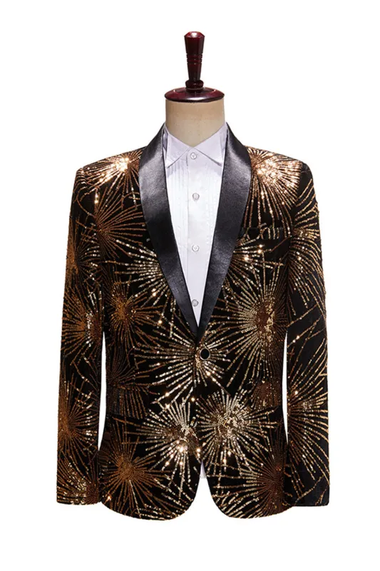 Sparkly Gold One Button Notched Lapel Men's Prom Blazer made by Zapaka