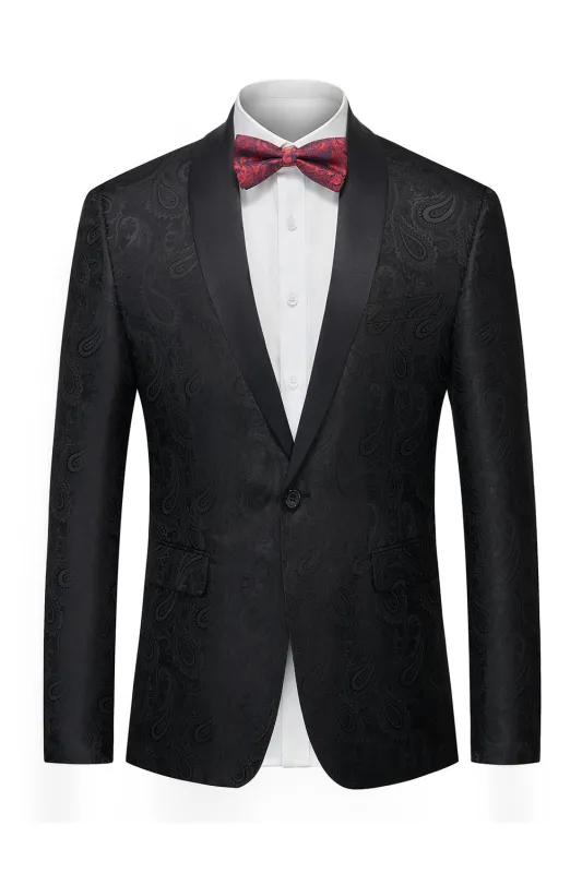 Black Jacquard Shawl Lapel Single Breasted Men's Blazer with Bowtie made by Zapaka