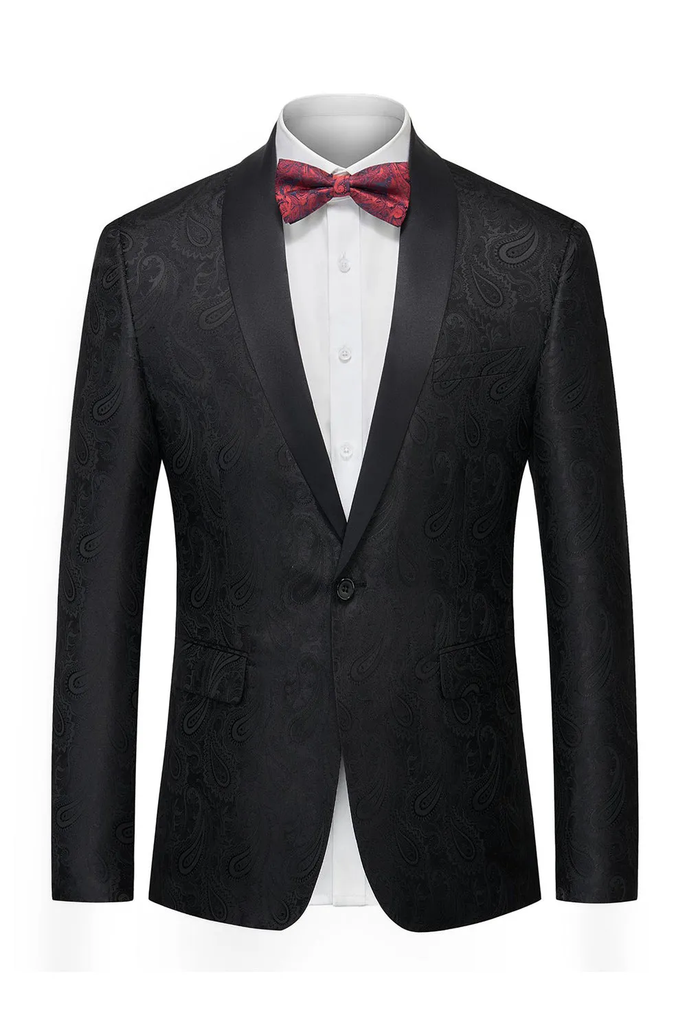 Black Jacquard Shawl Lapel Single Breasted Men's Blazer with Bowtie sold by Zapaka