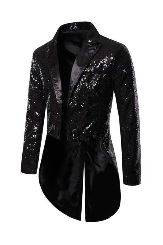 Black Sequin Peaked Lapel Double Breasted Men's Tuxedo Tailcoat made by Zapaka