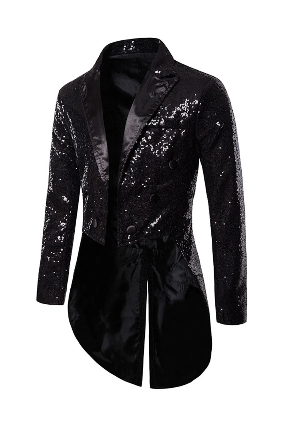 Black Sequin Peaked Lapel Double Breasted Men's Tuxedo Tailcoat sold by Zapaka