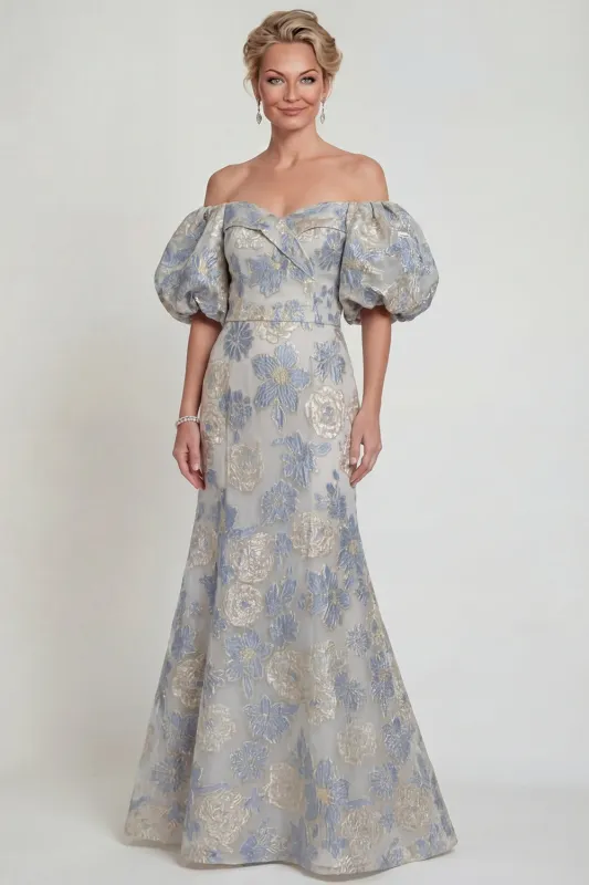 Floral Dusty Blue Mermaid Off The Shoulder Mother Of Bride Dress made by Zapaka