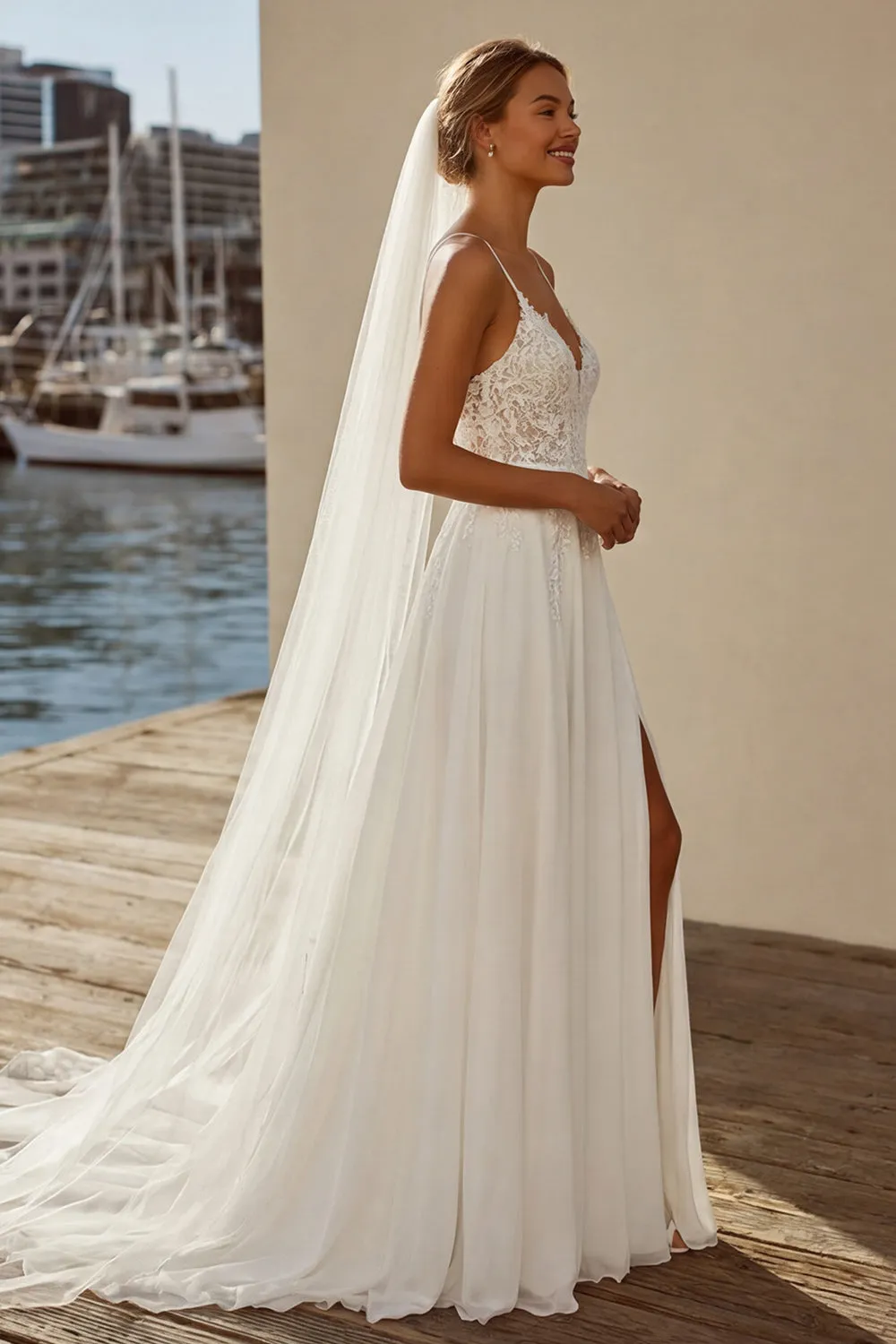 Ivory A Line Chiffon Lace Sweep Train Wedding Dress sold by Zapaka product image thumbnail 3