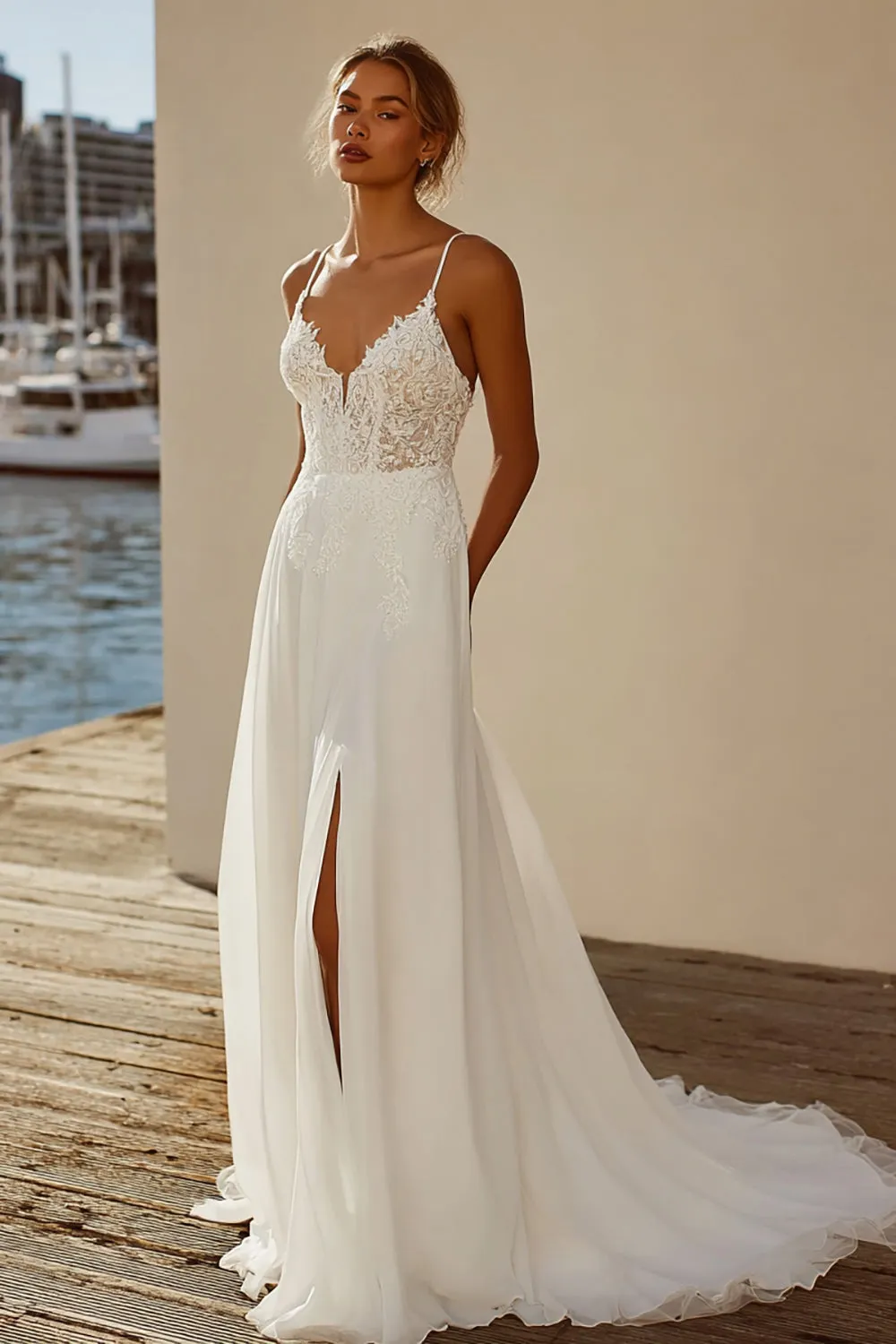 Ivory A Line Chiffon Lace Sweep Train Wedding Dress sold by Zapaka product image thumbnail 4
