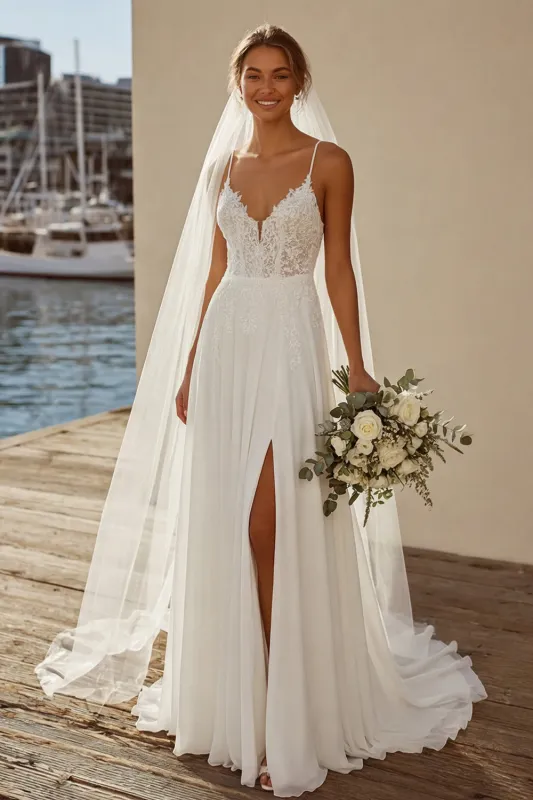 Ivory A Line Chiffon Lace Sweep Train Wedding Dress made by Zapaka