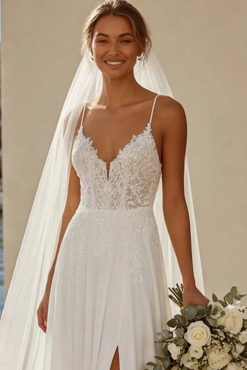 Ivory A Line Chiffon Lace Sweep Train Wedding Dress sold by Zapaka product image thumbnail 5