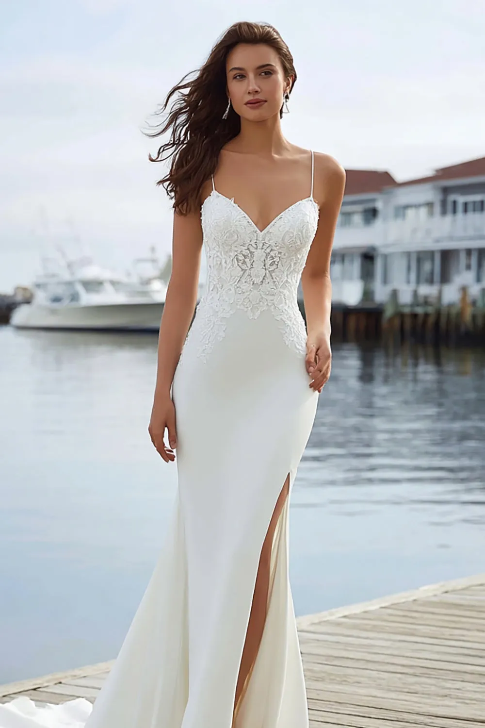 Ivory Mermaid Spaghetti Straps Lace Satin Sweep Train Wedding Dress sold by Zapaka product image thumbnail 4