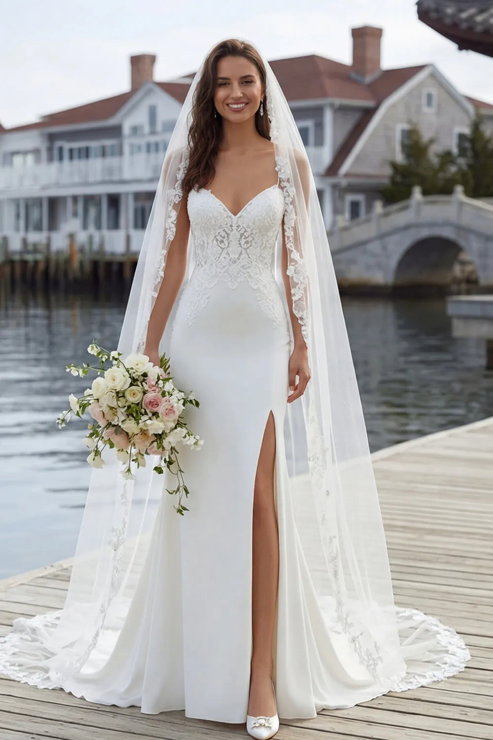 Ivory Mermaid Spaghetti Straps Lace Satin Sweep Train Wedding Dress sold by Zapaka