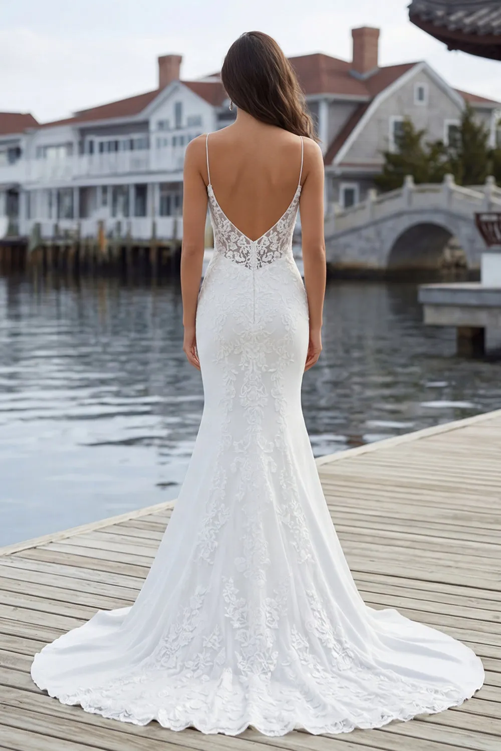 Ivory Mermaid Spaghetti Straps Lace Satin Sweep Train Wedding Dress sold by Zapaka product image thumbnail 2