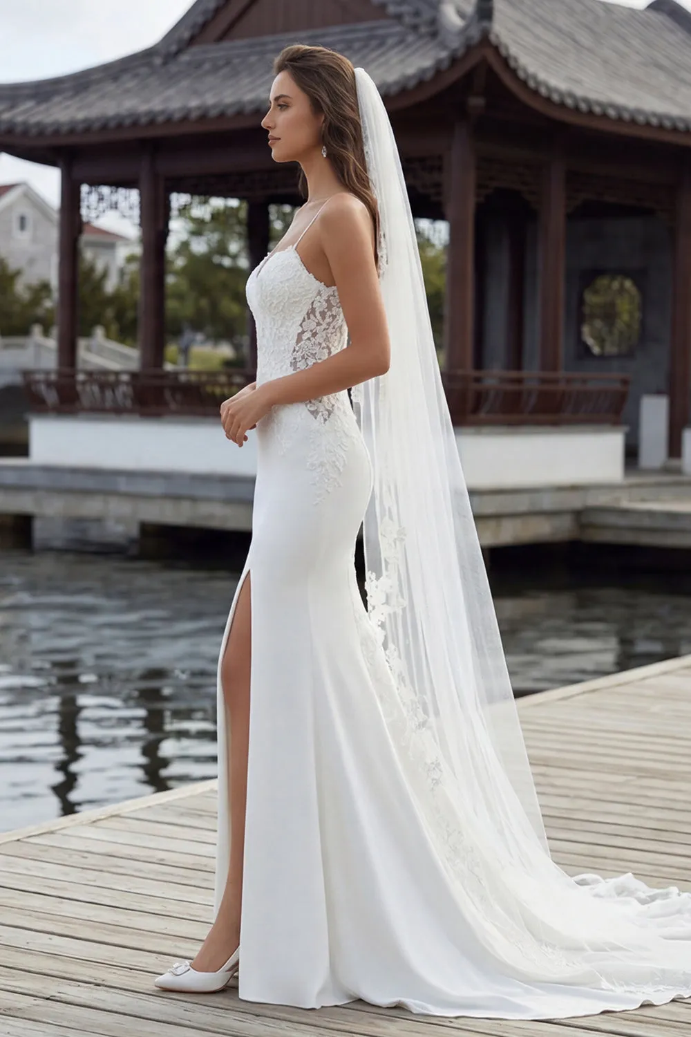 Ivory Mermaid Spaghetti Straps Lace Satin Sweep Train Wedding Dress sold by Zapaka product image thumbnail 3