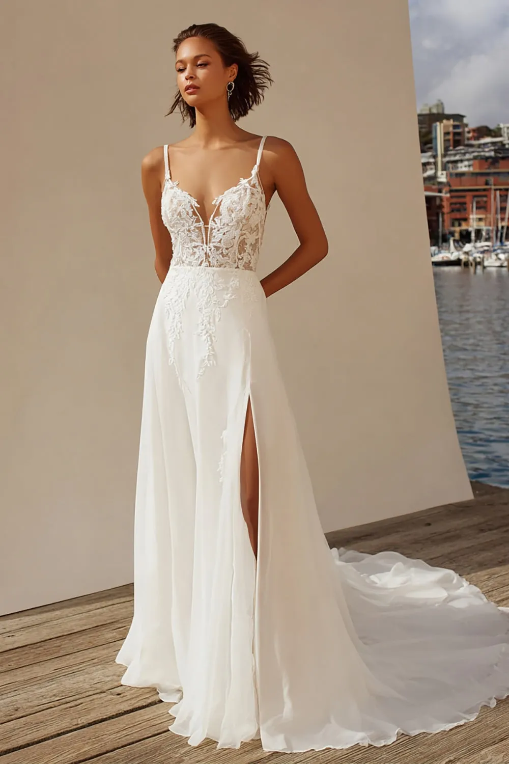 A Line Ivory Spaghetti Straps Lace Sweep Train Wedding Dress sold by Zapaka product image thumbnail 4
