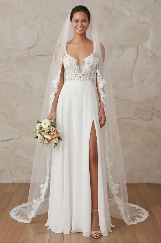 A Line Ivory Spaghetti Straps Lace Sweep Train Wedding Dress made by Zapaka