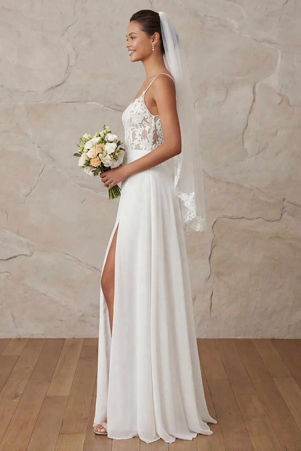 A Line Ivory Spaghetti Straps Lace Sweep Train Wedding Dress sold by Zapaka product image thumbnail 3