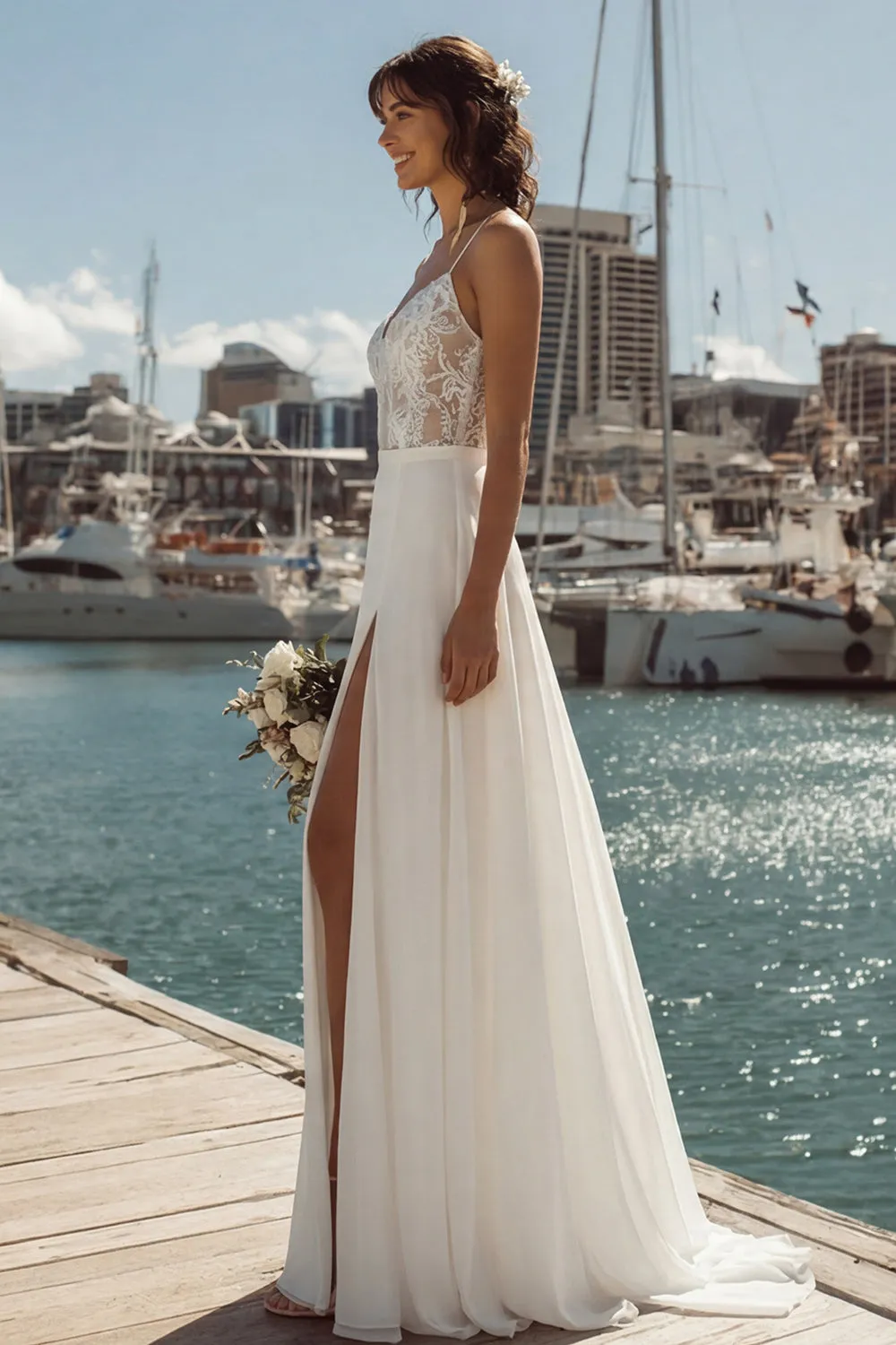 Ivory A Line Lace Sweep Train Wedding Dress with Slit sold by Zapaka product image thumbnail 2