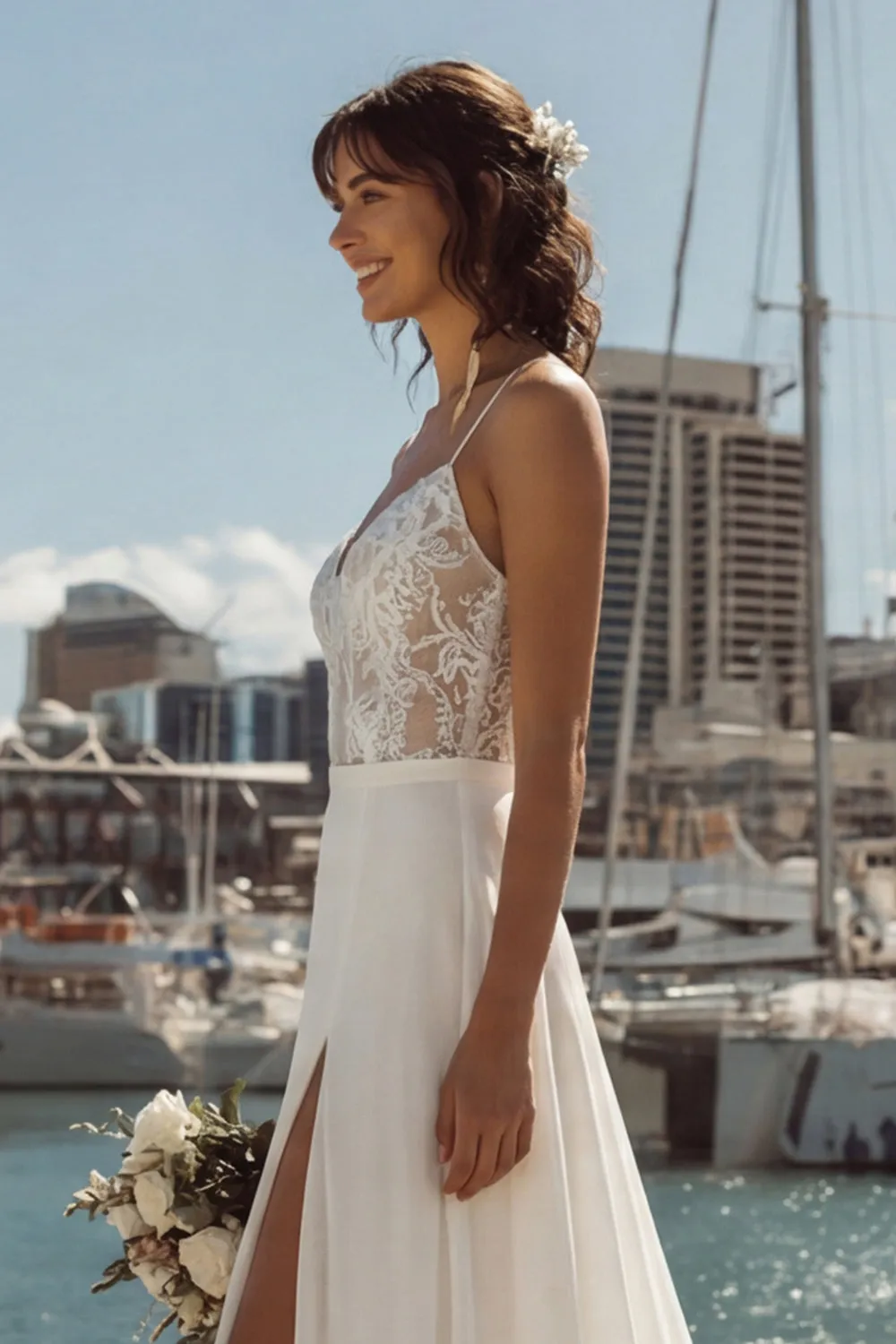 Ivory A Line Lace Sweep Train Wedding Dress with Slit sold by Zapaka product image thumbnail 4