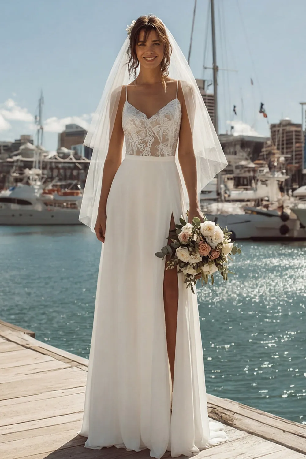 Ivory A Line Lace Sweep Train Wedding Dress with Slit sold by Zapaka