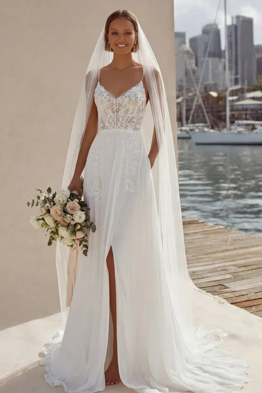 Ivory Lace A Line Sweep Train Wedding Dress with Slit made by Zapaka