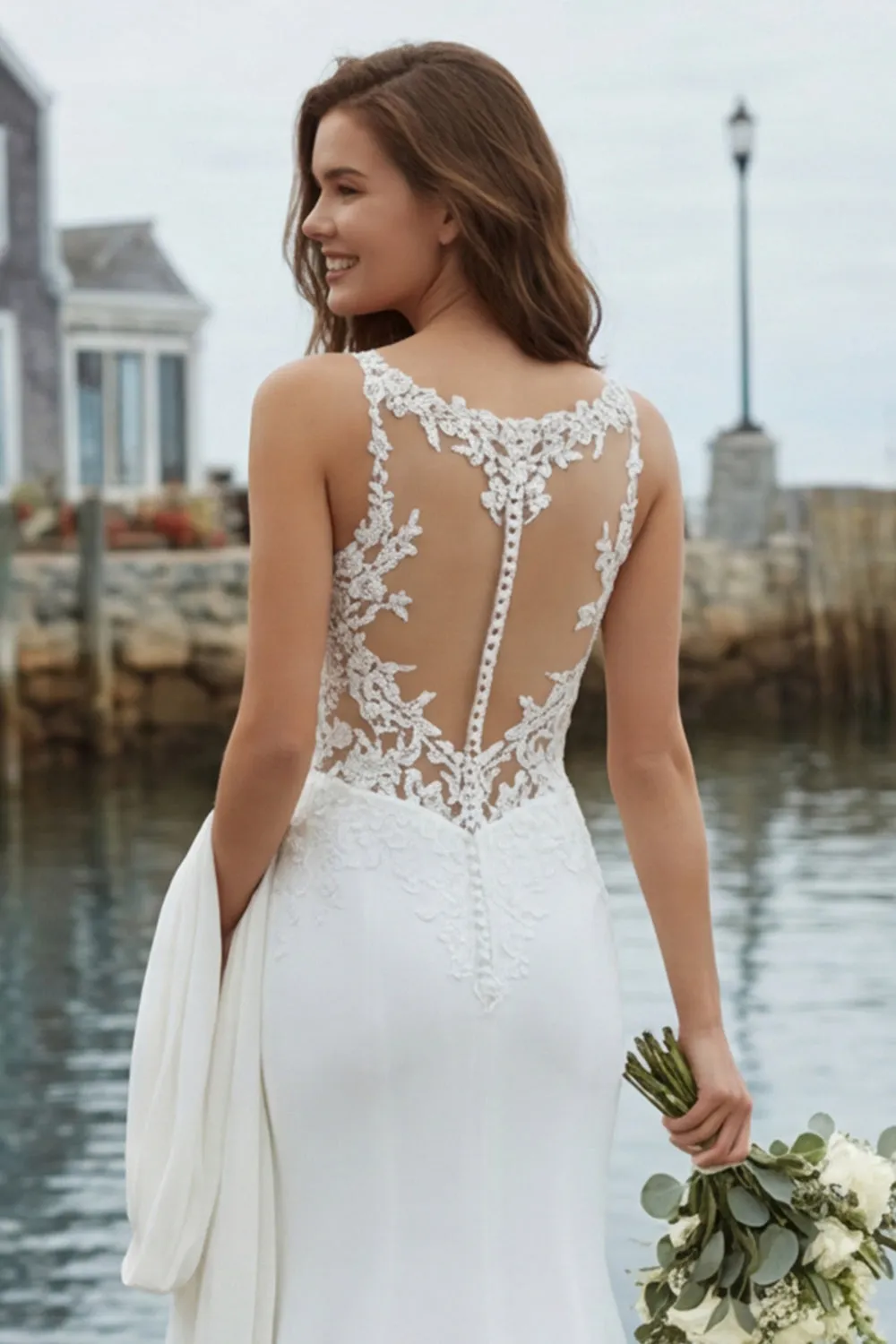 Ivory Mermaid Appliqued Satin Wedding Dress with Court Train sold by Zapaka product image thumbnail 5