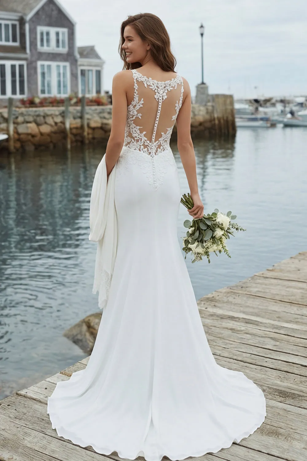 Ivory Mermaid Appliqued Satin Wedding Dress with Court Train sold by Zapaka product image thumbnail 2